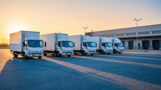 A fleet of white delivery trucks parked in a row at a logistics center during sunset, ready for distribution.