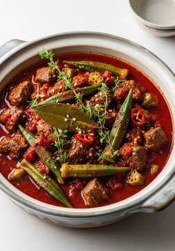 A rich stew of tender beef and fresh green okra simmered in a deep tomato sauce inside a rustic ceramic pot with aromatic herbs and spices, cooking, cilantro, homemade