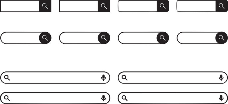 Search bar vector icons set with magnifying glass and microphone symbols for website or app design