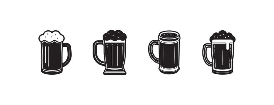 beer mugs with various amounts of foam on top isolated on white background