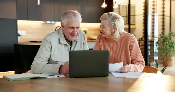 Home, finance and senior couple with laptop for mortgage, 401k savings or pension planning. Man, woman and paperwork for budget, computer and smile for asset management with retirement investment