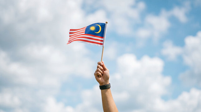 Person holding the Malaysian flag Jalur Gemilang against a blue sky.