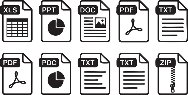 Vector file icons set including PDF, DOC, PPT, XLS, TXT and ZIP in black and white, illustrating various document formats and file types.