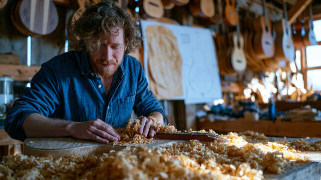 Appalachian dulcimer maker sanding instrument body in sunlit barn workshop, wood shavings curling across workbench, handdrawn templates pinned to wall behind, finished instruments hanging from rafte