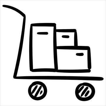 Hand truck carrying packages doodle style. Ideal for logistics and delivery designs.