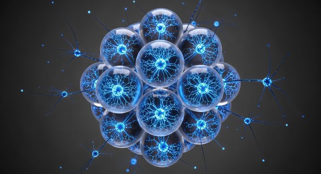 A cluster of translucent synthetic egg cells pulsing with a luminous blue biological network of interconnected glowing neural filaments, luminescent, bio, light