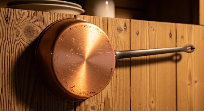 Copper pot hangs on wooden wall hook in kitchen interior with metal handle