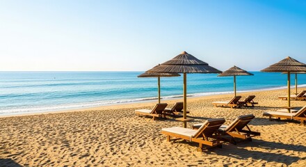 Fototapeta premium Spiaggia deserta con soffice sabbia dorata lambita da onde calme, ombrelloni di paglia e lettini in legno per un totale relax estivo, riposo, viaggio, incontaminato