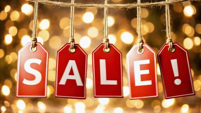 Red sale tags hanging with festive lights background promoting shopping discounts and special offers