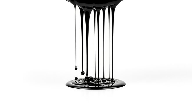 Viscous black fluid slowly trickles down a stark white surface, creating vertical streaks and organic patterns in high contrast motion, artistic, trickle, splash