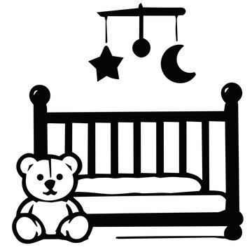 black and white nursery or baby bedroom icon. showing a baby crib and bear doll with star and moon marry go round