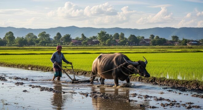 One Asian farmer plowing rice paddy field with water buffalo, agriculture in rural landscape, cultivation and traditional farming.