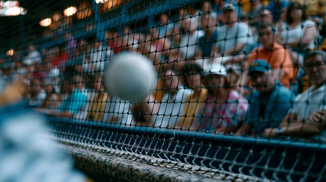Jai alai pelota impacts the granite fronton wall at full velocity and deflects toward a player in a blur visible in the foreground as spectators in tiered seating focus intently on the trajectory fr