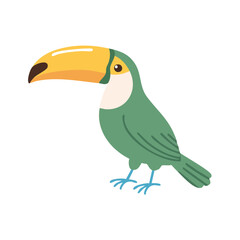 Obraz premium Cartoon toucan bird with large yellow beak and green body standing on blue legs