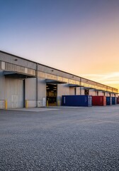 Fototapeta premium A massive industrial warehouse features expansive metal bay doors and secondary storage containers arranged along the exterior gravel lot, concrete, commercial, real estate
