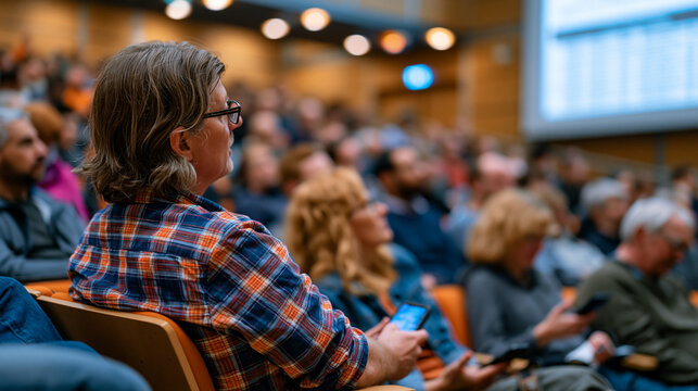 Open access publishing advocate addresses packed lecture hall of academics, projection showing journal paywall cost comparisons versus institutional library budgets, several attendees film presentat