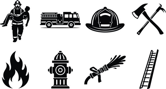 Firefighting silhouette icons with firefighter rescue, fire truck, helmet, hydrant, hose, ladder, and flame symbol