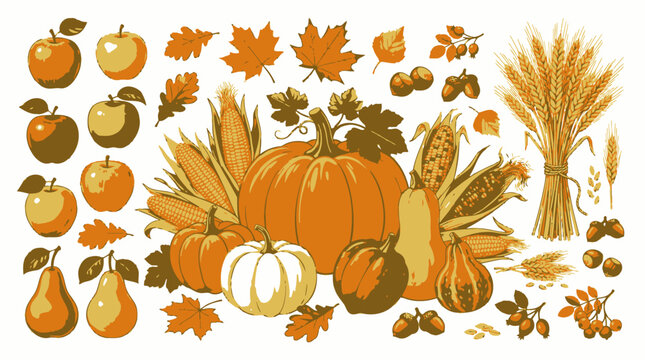 Autumn Harvest Collection Featuring Pumpkins Apples Pears and Seasonal Foliage for Thanksgiving Celebration Design