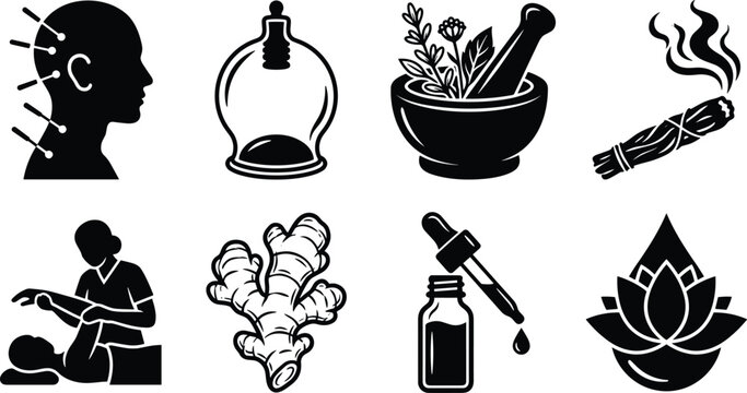 Holistic medicine silhouette icons with acupuncture, cupping, herbs, massage, essential oils, and lotus flower