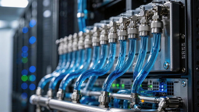 Close up of liquid cooling tubes connected to servers