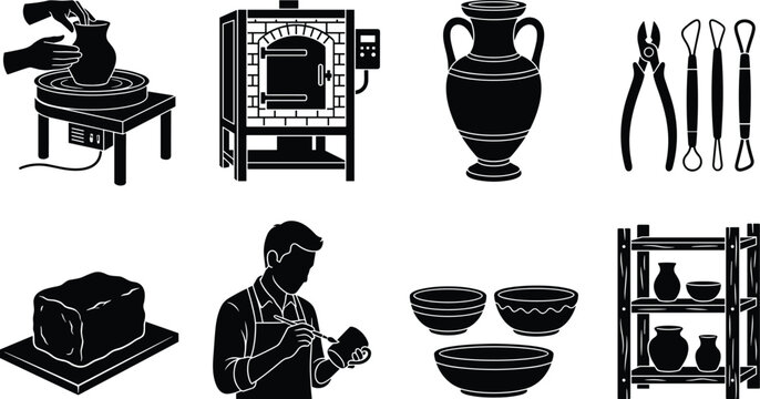 Pottery Making Silhouettes Featuring Pottery Wheel, Kiln, Vase, Tools, Clay Block, Glazing, Bowls, and Display Shelf