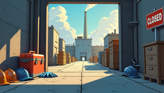 abandoned industrial area with closed sign, storage boxes and construction equipment, showcasing a quiet, deserted atmosphere in a factory setting, concept industry