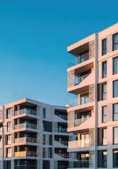 Obraz premium Clean architectural lines define this modern minimalist apartment complex with glass balconies, geometric patterns, and a bright facade design, real estate, style, clean