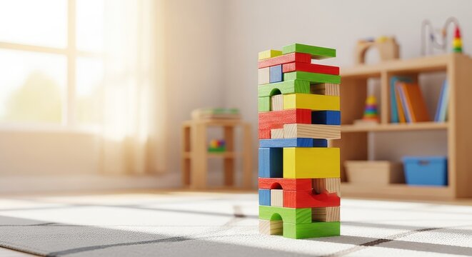 Brightly colored wooden blocks stacked into a tall tower on a soft play rug inside a sunny early learning center room with wooden shelves, learning, building, stack