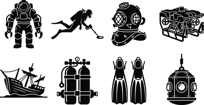 Underwater exploration silhouette icons with scuba diver, diving suit, vintage helmet, sunken ship, and deep-sea equipment