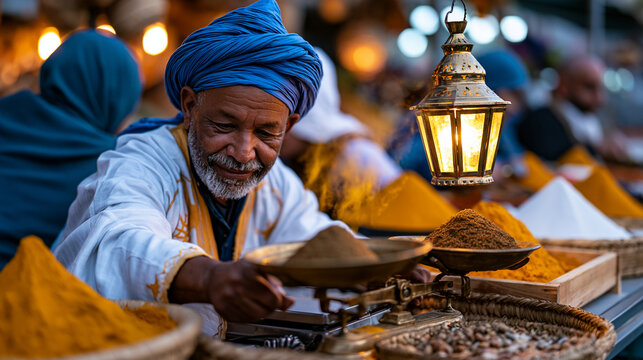 Street vendor at outdoor Moroccan spice market weighing cumin on antique brass scale at twilight, lantern glow catching plumes of powdered saffron, buyers leaning over wooden bins, the market sensor