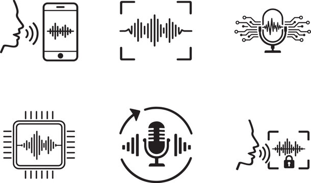 Speech and voice recognition icon set. AI, text-to-speech and digital communication symbols.