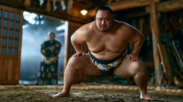 Sumo stable predawn training session shows heavyweight rikishi in kesho-mawashi executing shiko leg raises across a clay dohyo as a stern oyakata observes footwork with arms folded and morning mist 
