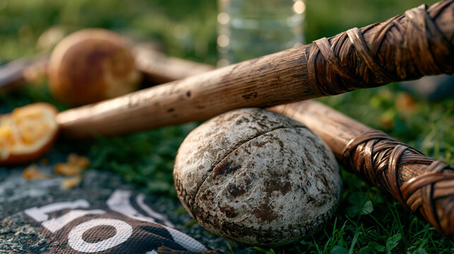 Symbolic still life of hurling equipment shows a worn ash hurl resting across a scuffed leather sliotar on a grass sideline with a county jersey number visible on the ground beside a half-eaten oran