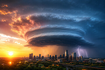 Obraz premium Dramatic Thunderstorm Clouds and Lightning Over City at Sunset