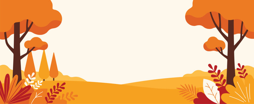 Autumn landscape with trees, hills, and foliage in warm orange and yellow tones fall