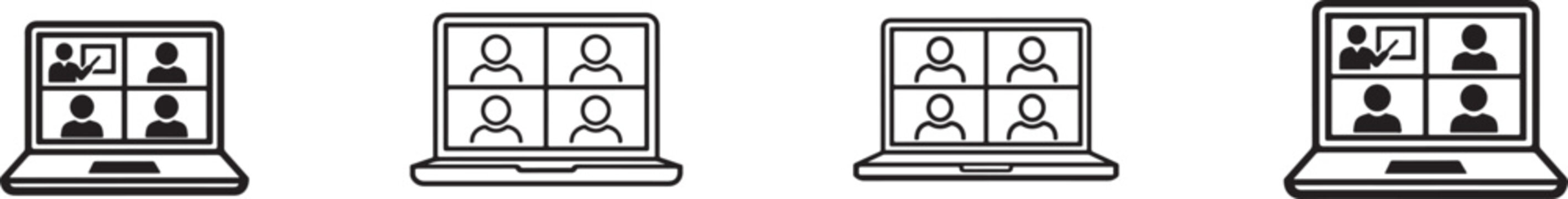 Laptop video conference icon set in 4 styles. Online meeting, virtual class and webinar symbols.