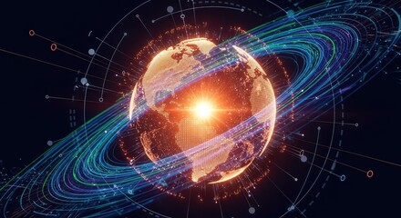 Fototapeta premium Radiant digital globe pulses with intense orange energy surrounded by holographic data streams and advanced futuristic technological nodes, interface, server, dynamic