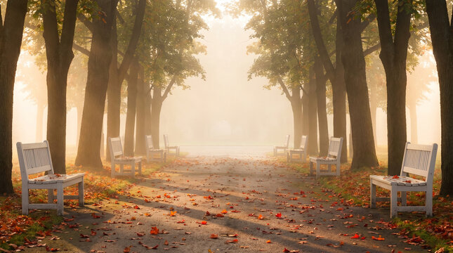 Maple trees and park benches along misty tree-lined path with autumn leaves