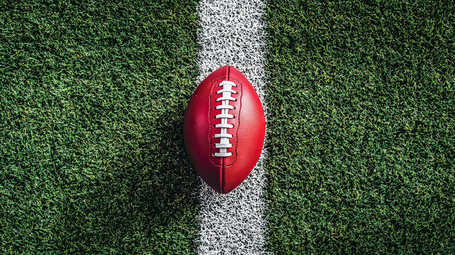 American football ball resting on the white yard line of a green grass field