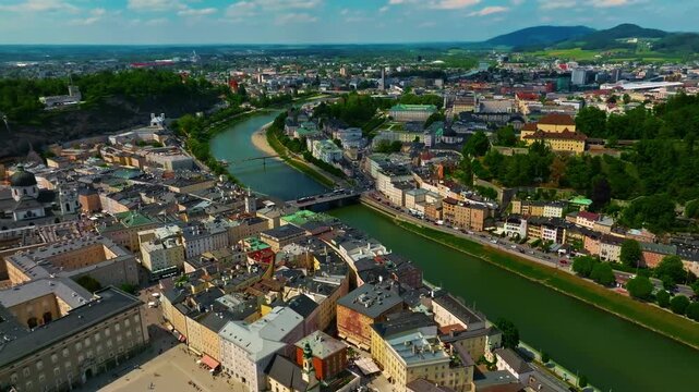 Aerial view of Austrian city of Salzburg is the birthplace of the famous composer Mozart