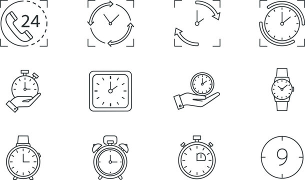 Time Management and Clock Icon Set Featuring Twenty Four Hour Customer Support, Alarm Stopwatches, Handheld Timers, and Wristwatch Tracking Elements
