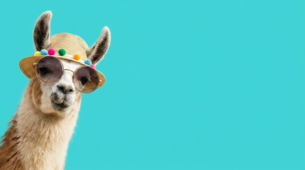 Obraz premium Funny llama wearing a straw hat with colorful pom-poms and sunglasses isolated on turquoise background