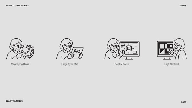 elderly accessibility UI design and low vision support icon collection, senior woman magnifying glass large type symbols, high contrast text utility vector template