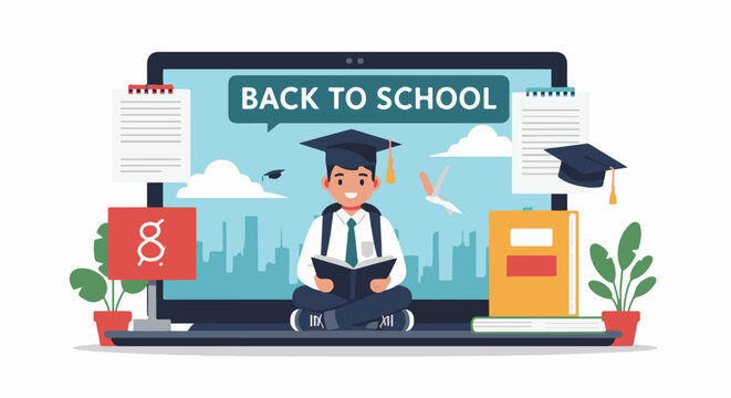 A colorful cartoon illustration of a student in graduation cap sitting on a laptop