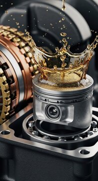 Macro shot of crankshaft pistons with lubricating oil splashes alongside copper commutators and steel ball bearings within a metal engine, motor, gear, laminations
