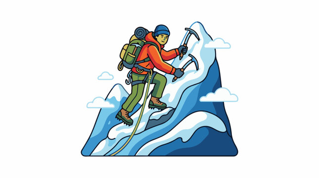 A climber ascends a snowy mountain peak with ice axe