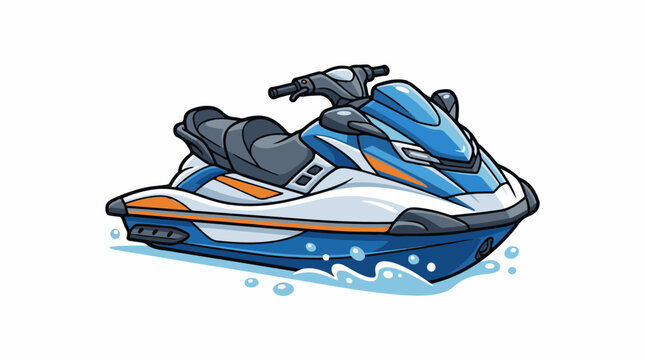 A cartoon-style illustration of a blue, white, and orange jet ski on water