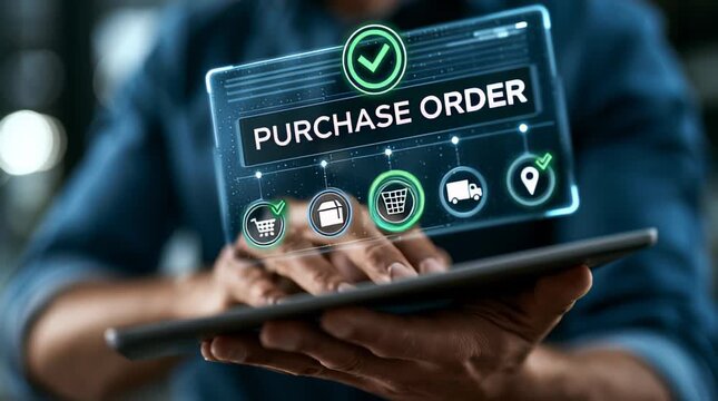 Hands on a tablet showing purchase order details in a business setting located in an office environment