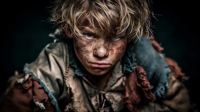 Europe medieval lifestyle. A closeup portrait of a young person with a rugged appearance. The subjects intense gaze is directed directly at the viewer. Their hair is tousled.