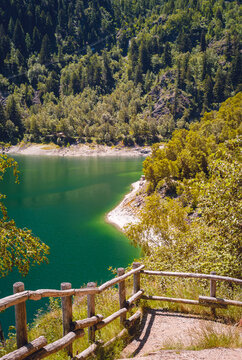 Summer panorama of Antrona Lake, a natural basin near the town of the same name, in the province of Verbano-Cusio-Ossola. It was created by a landslide on July 27, 1642, which destroyed the village.